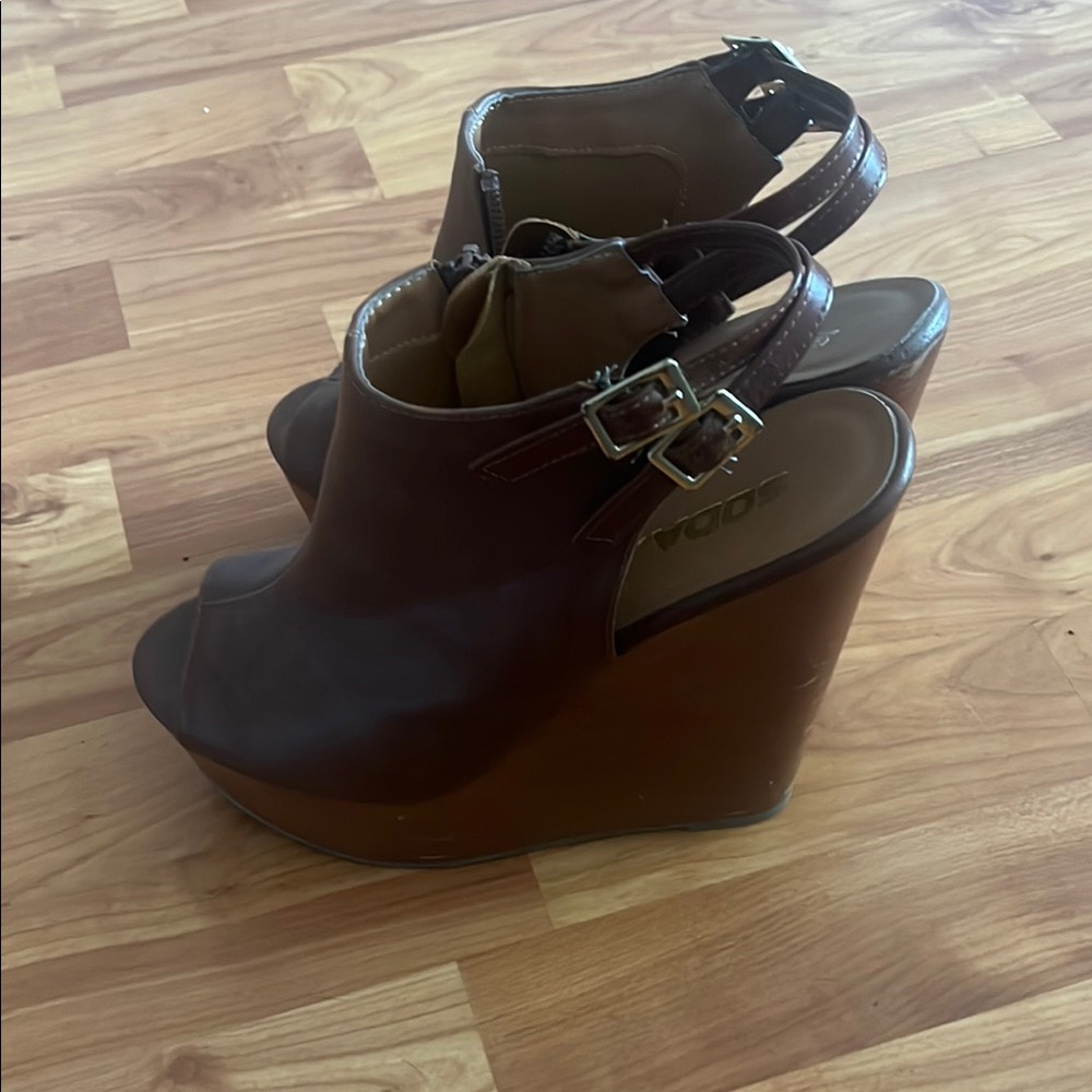 Soda Brown Wedge Sandals with Peep-Toe Design